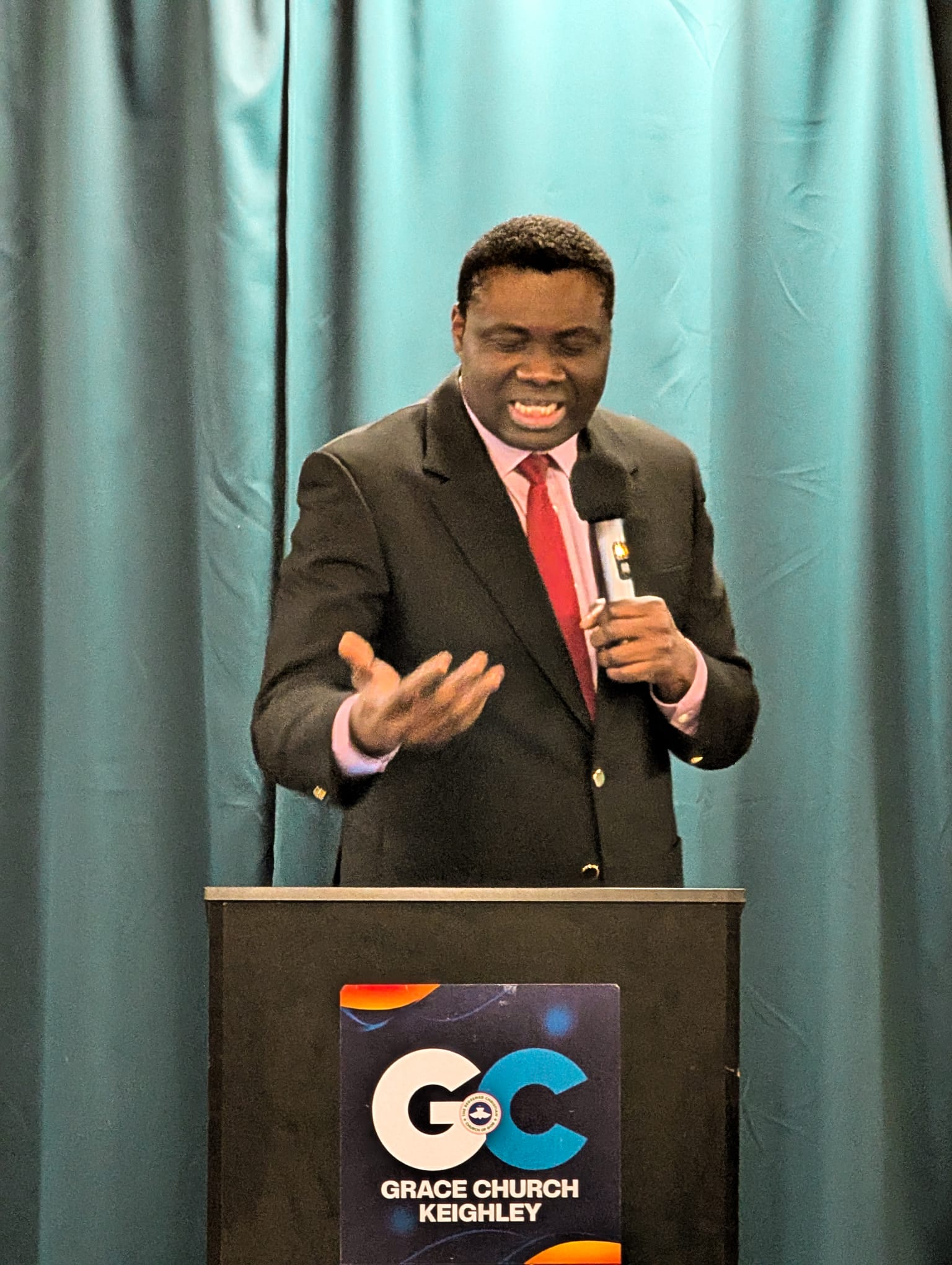 The Lead Pastor of Grace Church Keighley preaching at the pulpit